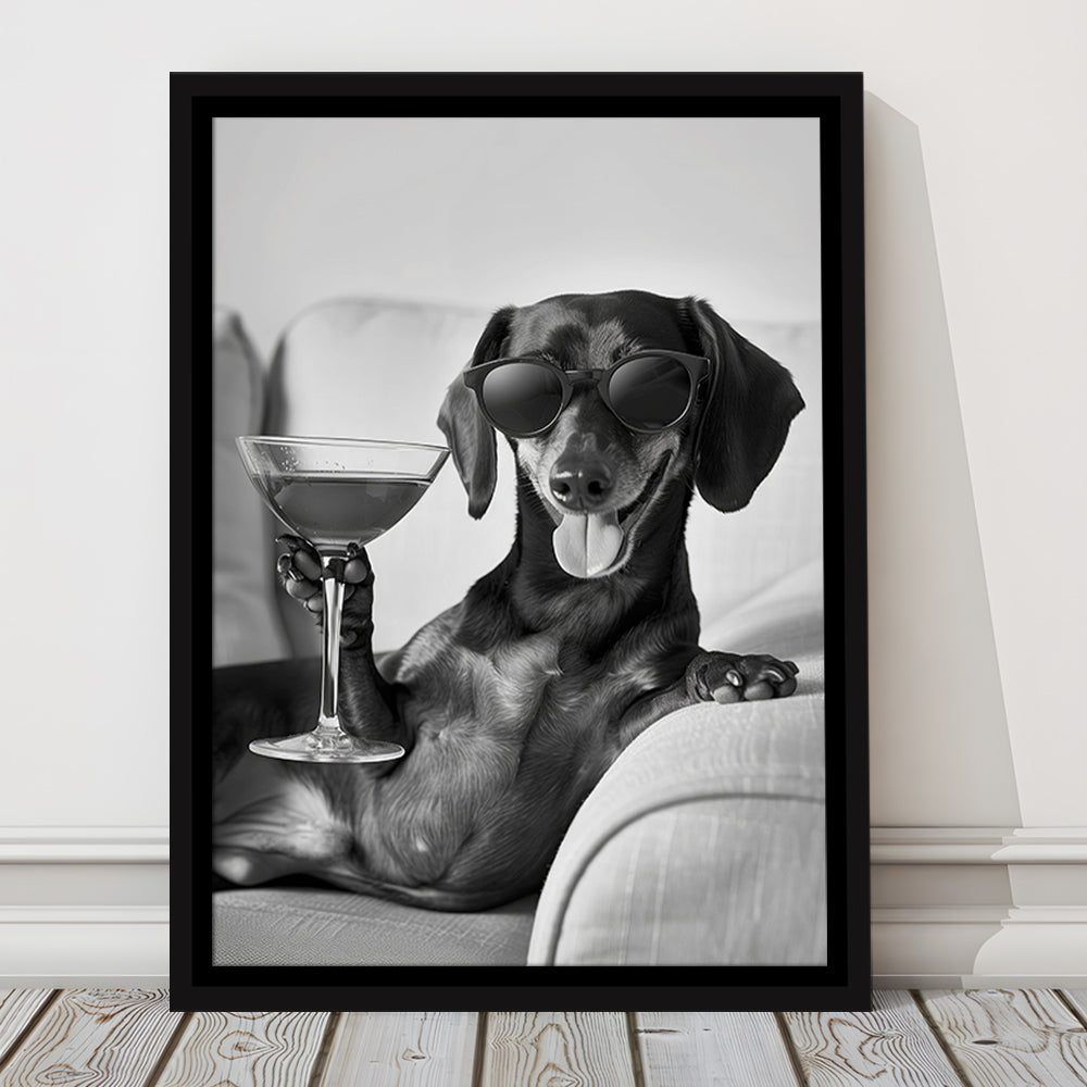 Dachshund Holding A Cocktail Framed Canvas Print Wall Art, Black and White, Dachshund Gift, Martini, Bar Cart Decor