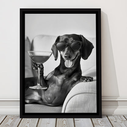 Dachshund Holding A Cocktail Framed Canvas Print Wall Art, Black and White, Dachshund Gift, Martini, Bar Cart Decor