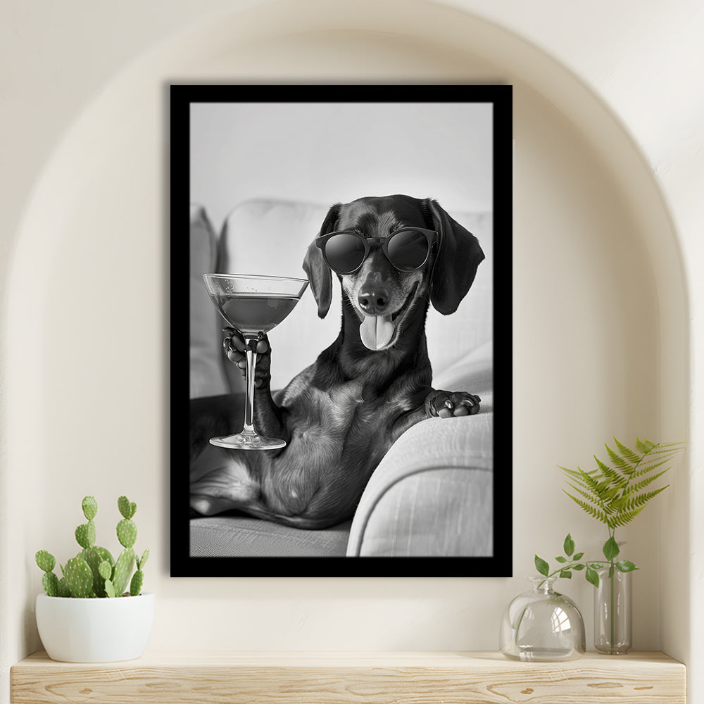 Dachshund Holding A Cocktail Framed Art Print Wall Decor, Black and White, Dachshund Gift, Martini, Bar Cart Decor