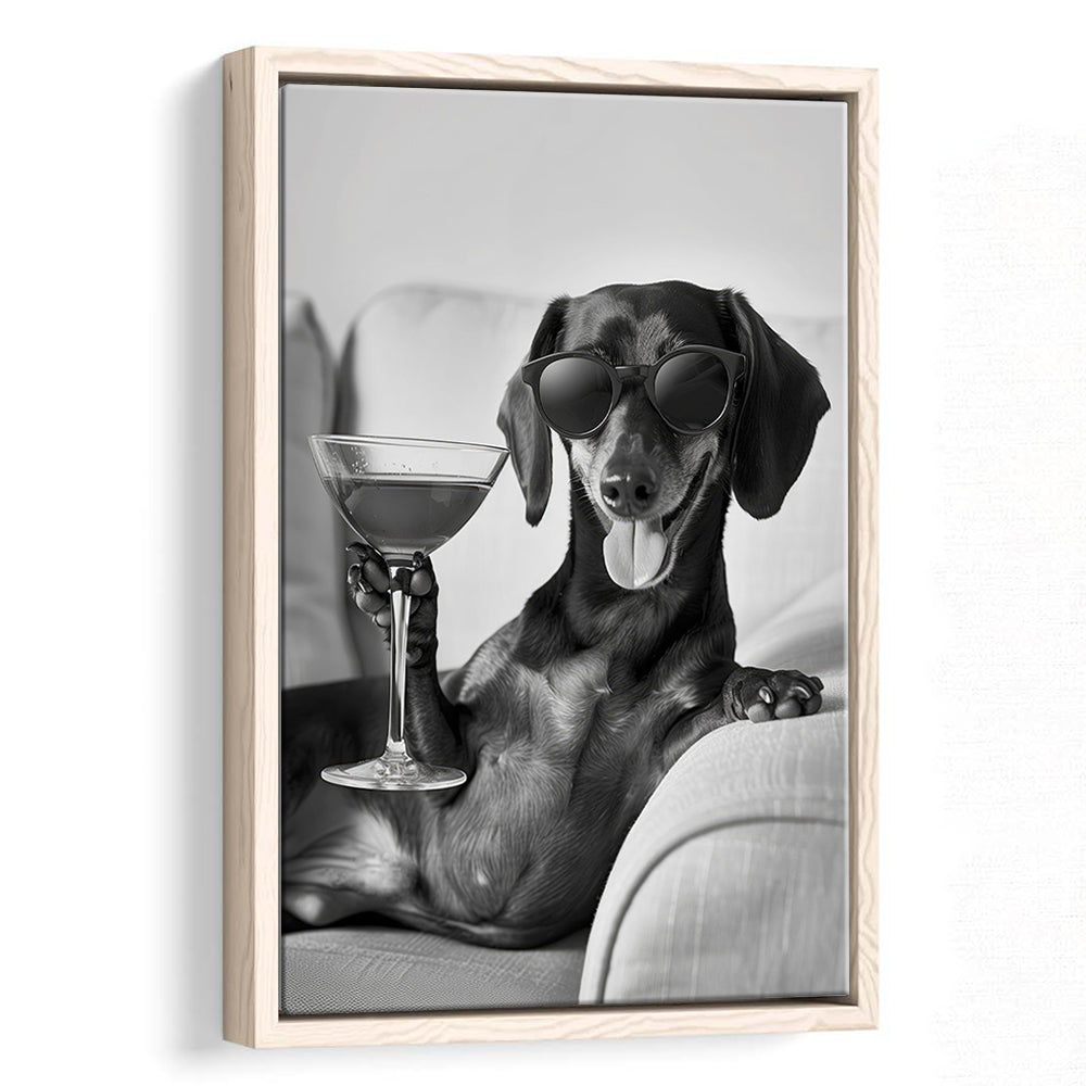 Dachshund Holding A Cocktail Framed Canvas Print Wall Art, Black and White, Dachshund Gift, Martini, Bar Cart Decor