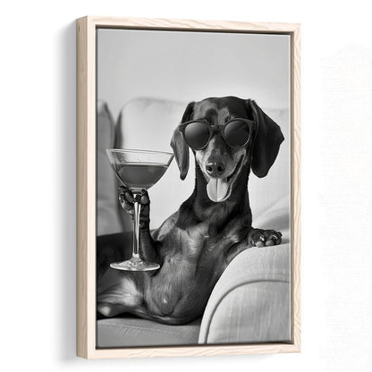 Dachshund Holding A Cocktail Framed Canvas Print Wall Art, Black and White, Dachshund Gift, Martini, Bar Cart Decor
