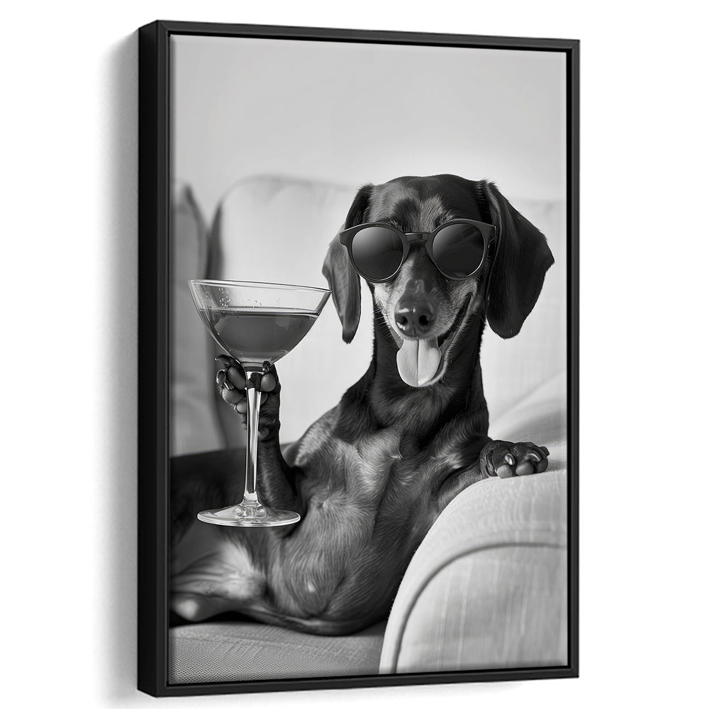 Dachshund Holding A Cocktail Framed Canvas Print Wall Art, Black and White, Dachshund Gift, Martini, Bar Cart Decor