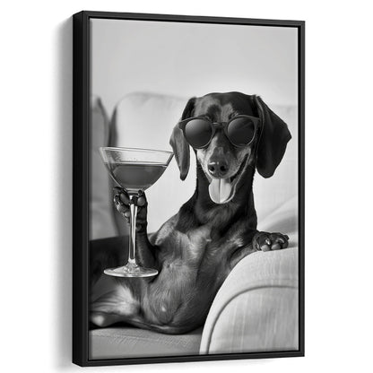 Dachshund Holding A Cocktail Framed Canvas Print Wall Art, Black and White, Dachshund Gift, Martini, Bar Cart Decor