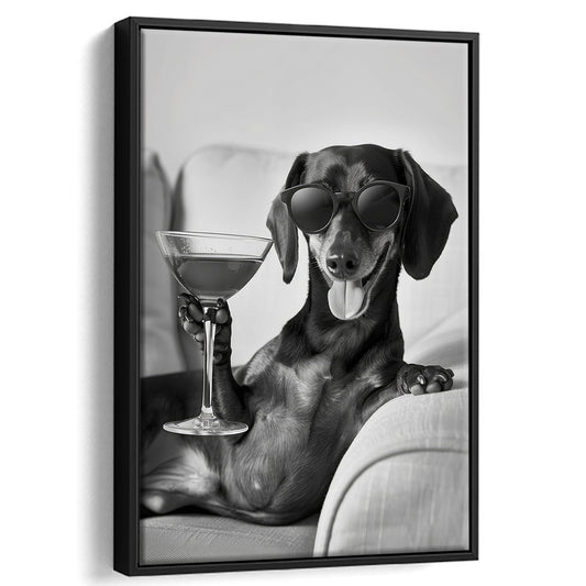 Dachshund Holding A Cocktail Framed Canvas Print Wall Art, Black and White, Dachshund Gift, Martini, Bar Cart Decor