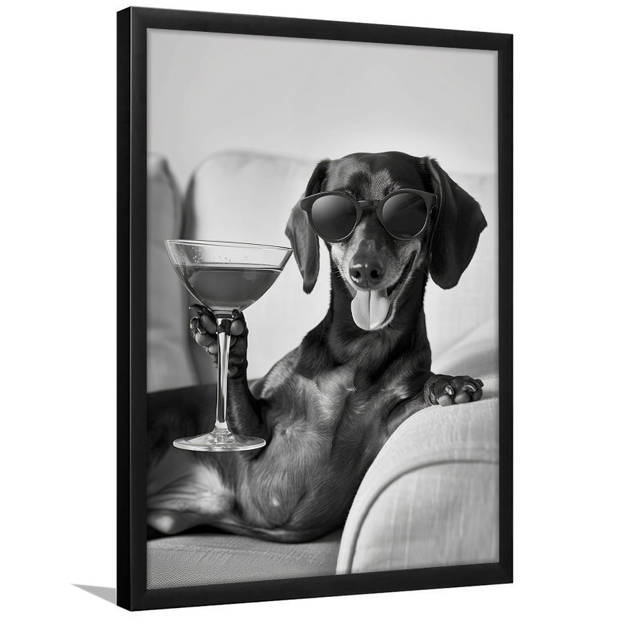 Dachshund Holding A Cocktail Framed Art Print Wall Decor, Black and White, Dachshund Gift, Martini, Bar Cart Decor
