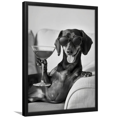 Dachshund Holding A Cocktail Framed Art Print Wall Decor, Black and White, Dachshund Gift, Martini, Bar Cart Decor