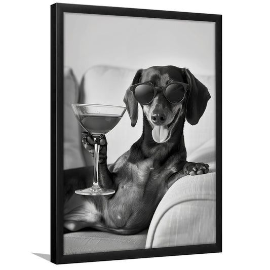 Dachshund Holding A Cocktail Framed Art Print Wall Decor, Black and White, Dachshund Gift, Martini, Bar Cart Decor