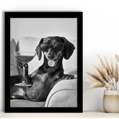 Dachshund Holding A Cocktail Framed Art Print Wall Decor, Black and White, Dachshund Gift, Martini, Bar Cart Decor
