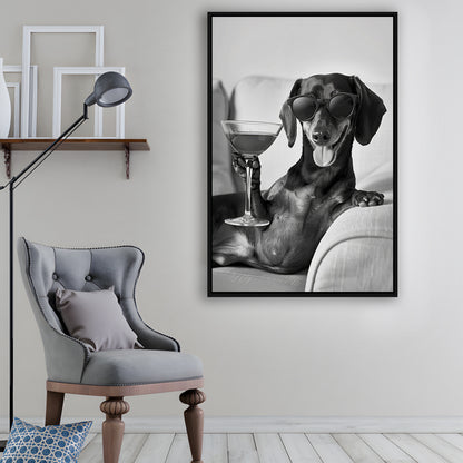 Dachshund Holding A Cocktail Framed Canvas Print Wall Art, Black and White, Dachshund Gift, Martini, Bar Cart Decor