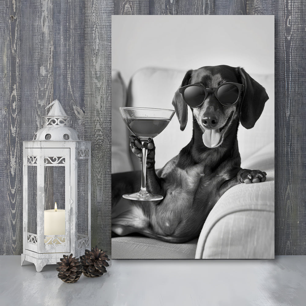 Dachshund Holding A Cocktail Canvas Print Wall Art, Black and White, Dachshund Gift, Martini, Bar Cart Decor