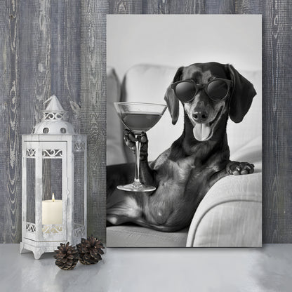 Dachshund Holding A Cocktail Canvas Print Wall Art, Black and White, Dachshund Gift, Martini, Bar Cart Decor
