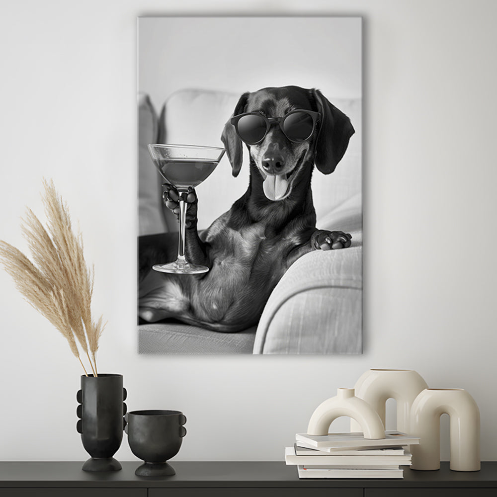 Dachshund Holding A Cocktail Canvas Print Wall Art, Black and White, Dachshund Gift, Martini, Bar Cart Decor