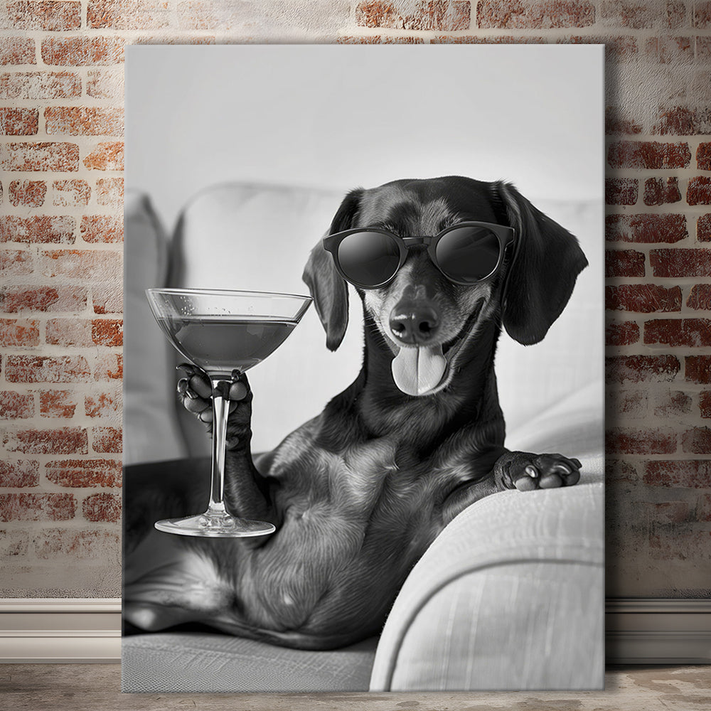 Dachshund Holding A Cocktail Canvas Print Wall Art, Black and White, Dachshund Gift, Martini, Bar Cart Decor