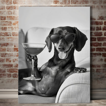 Dachshund Holding A Cocktail Canvas Print Wall Art, Black and White, Dachshund Gift, Martini, Bar Cart Decor
