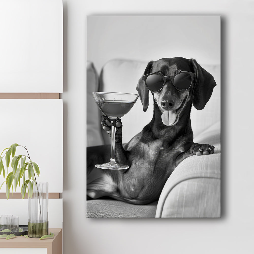 Dachshund Holding A Cocktail Canvas Print Wall Art, Black and White, Dachshund Gift, Martini, Bar Cart Decor