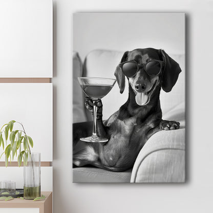 Dachshund Holding A Cocktail Canvas Print Wall Art, Black and White, Dachshund Gift, Martini, Bar Cart Decor