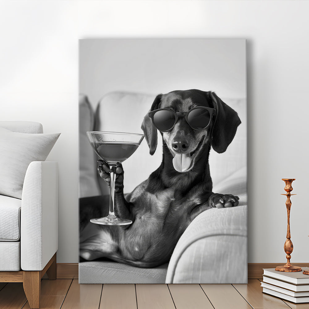 Dachshund Holding A Cocktail Canvas Print Wall Art, Black and White, Dachshund Gift, Martini, Bar Cart Decor