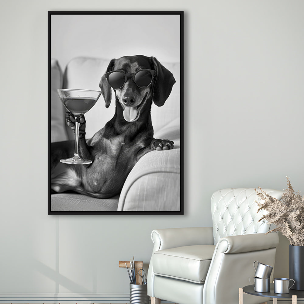 Dachshund Holding A Cocktail Framed Canvas Print Wall Art, Black and White, Dachshund Gift, Martini, Bar Cart Decor