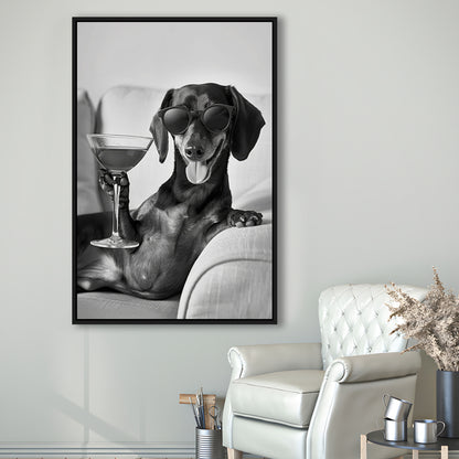 Dachshund Holding A Cocktail Framed Canvas Print Wall Art, Black and White, Dachshund Gift, Martini, Bar Cart Decor