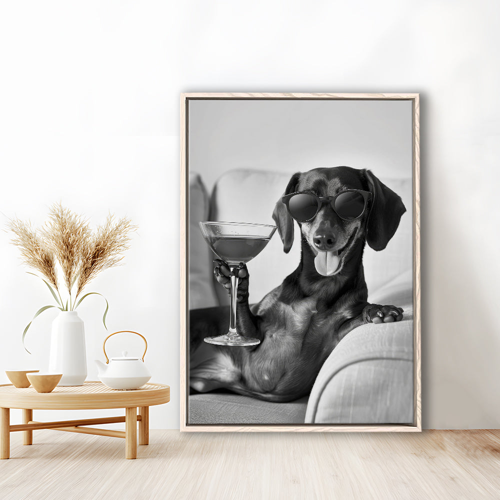 Dachshund Holding A Cocktail Framed Canvas Print Wall Art, Black and White, Dachshund Gift, Martini, Bar Cart Decor