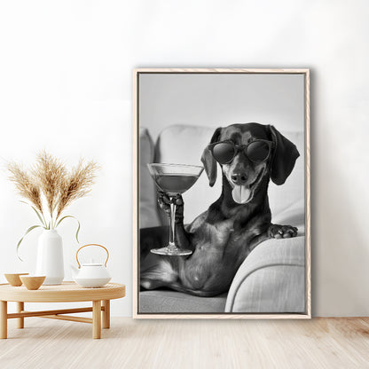 Dachshund Holding A Cocktail Framed Canvas Print Wall Art, Black and White, Dachshund Gift, Martini, Bar Cart Decor