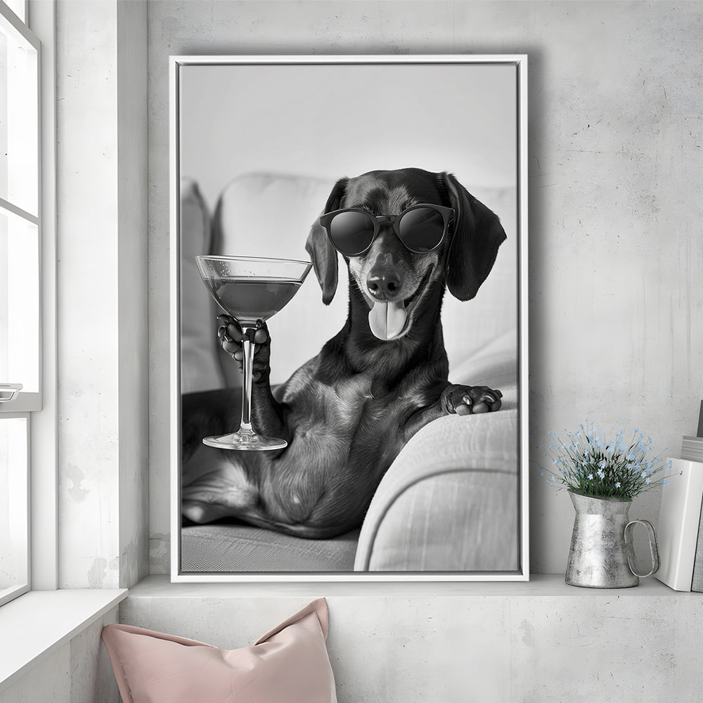 Dachshund Holding A Cocktail Framed Canvas Print Wall Art, Black and White, Dachshund Gift, Martini, Bar Cart Decor
