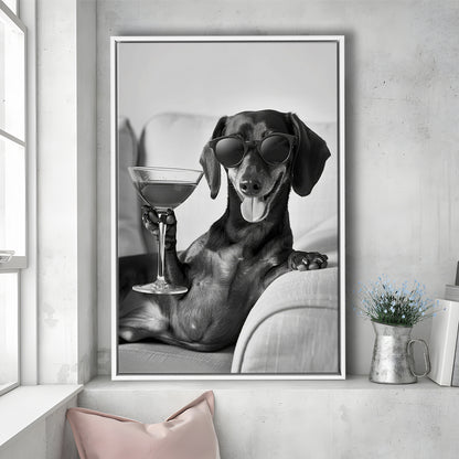 Dachshund Holding A Cocktail Framed Canvas Print Wall Art, Black and White, Dachshund Gift, Martini, Bar Cart Decor