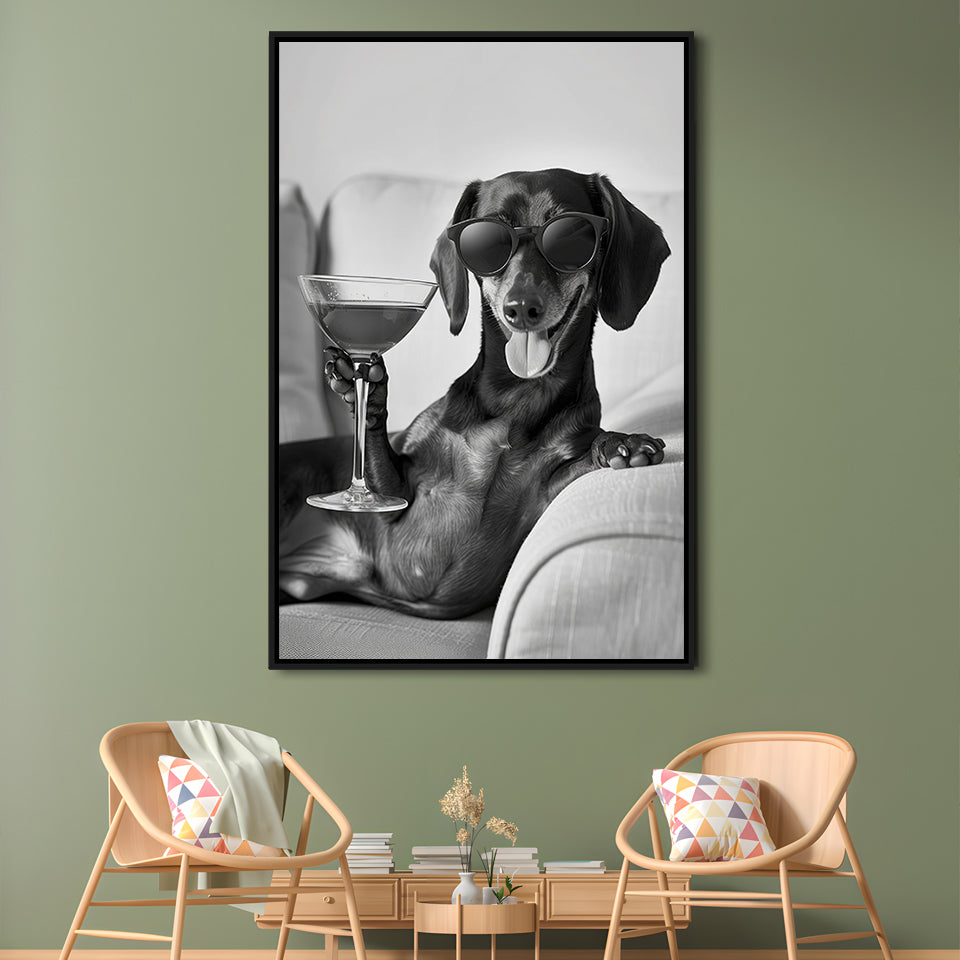 Dachshund Holding A Cocktail Framed Canvas Print Wall Art, Black and White, Dachshund Gift, Martini, Bar Cart Decor
