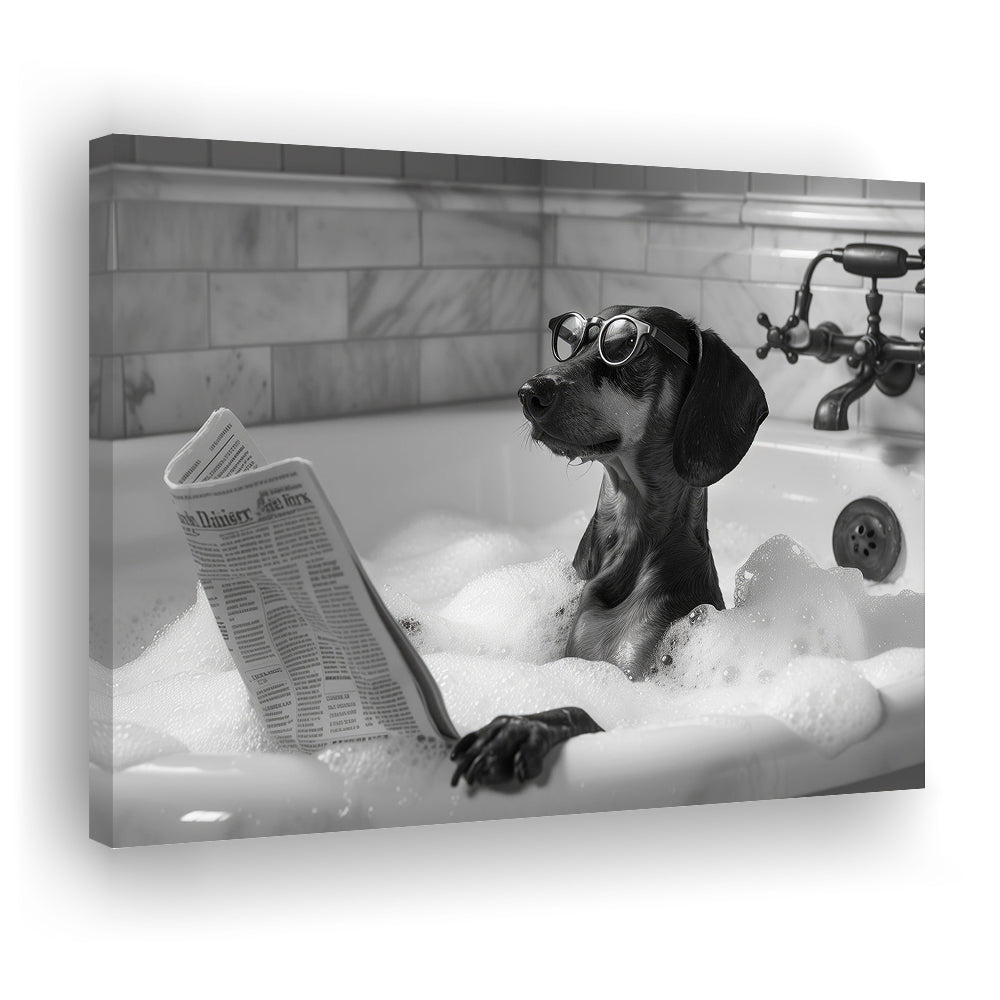 Dachshund in Bathtub Canvas Print Wall Art, Dog Reading Newspaper in Bubble Bath Black and White, Funny Wall Art