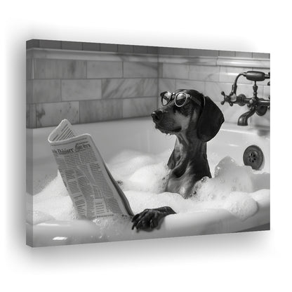 Dachshund in Bathtub Canvas Print Wall Art, Dog Reading Newspaper in Bubble Bath Black and White, Funny Wall Art