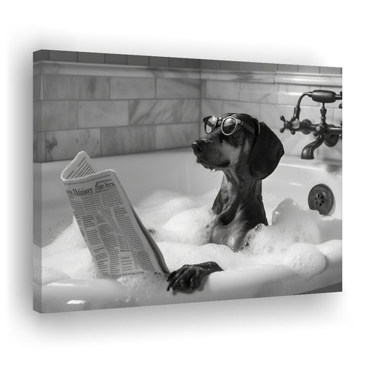 Dachshund in Bathtub Canvas Print Wall Art, Dog Reading Newspaper in Bubble Bath Black and White, Funny Wall Art