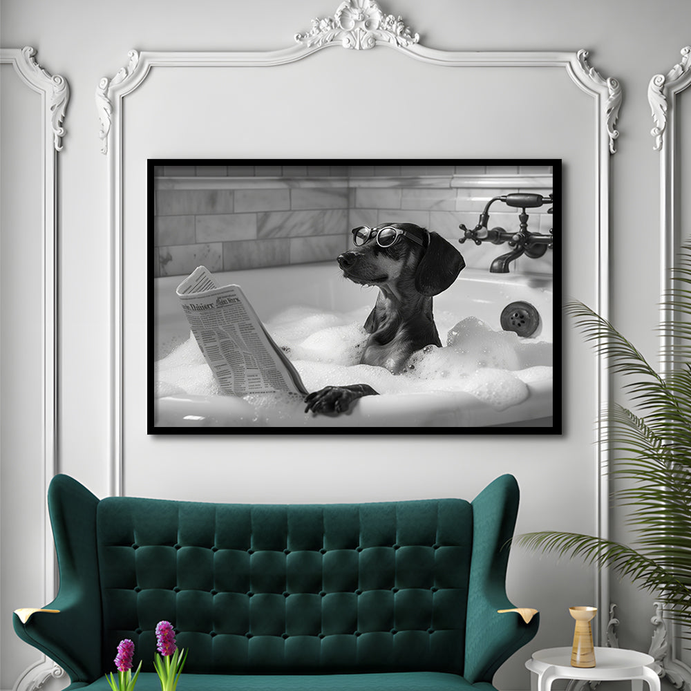 Dachshund in Bathtub Framed Art Print Wall Decor, Dog Reading Newspaper in Bubble Bath Black and White, Funny Wall Art