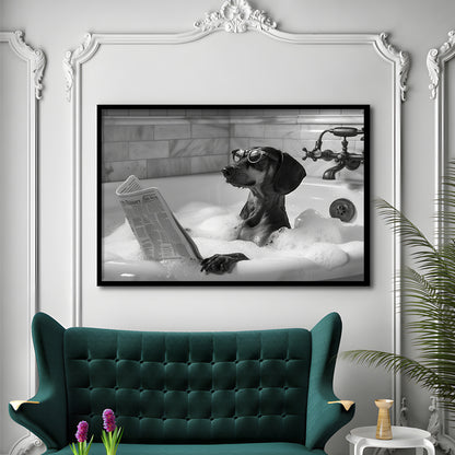 Dachshund in Bathtub Framed Art Print Wall Decor, Dog Reading Newspaper in Bubble Bath Black and White, Funny Wall Art