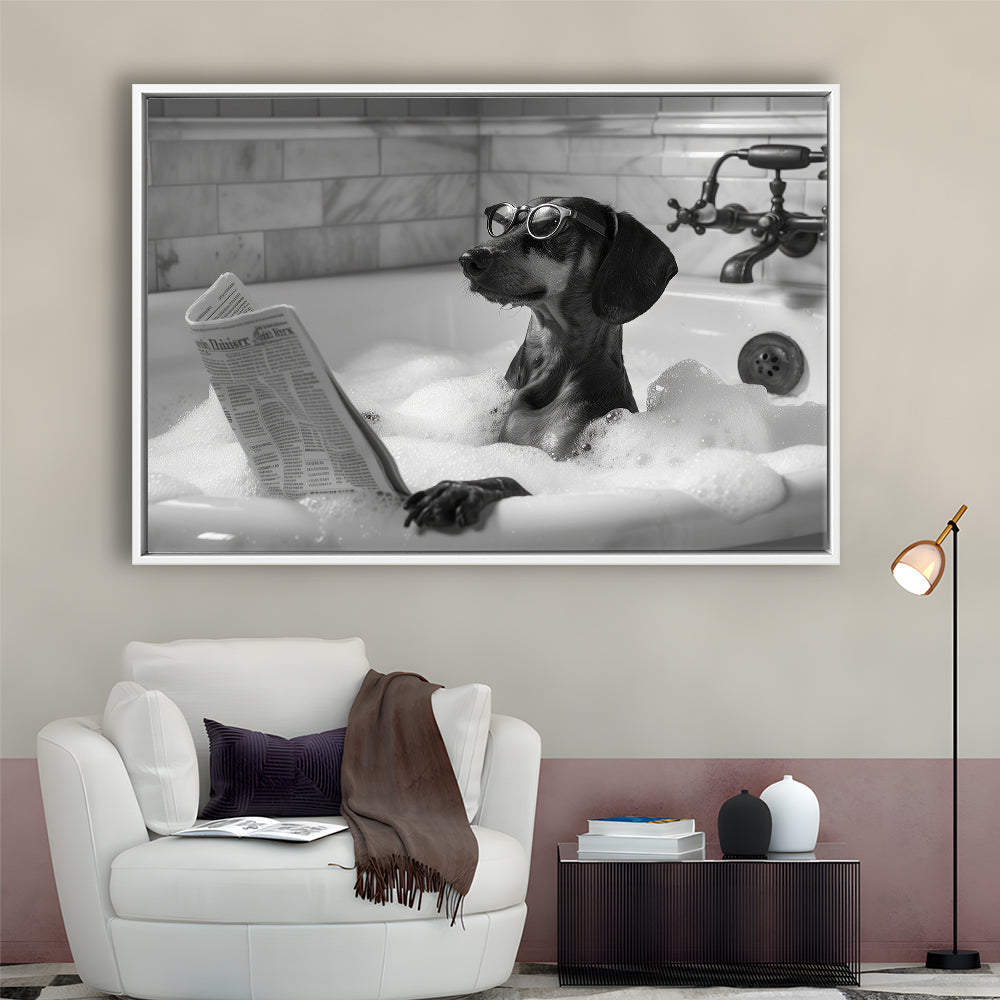 Dachshund in Bathtub Framed Canvas Print Wall Art, Dog Reading Newspaper in Bubble Bath Black and White, Funny Wall Art