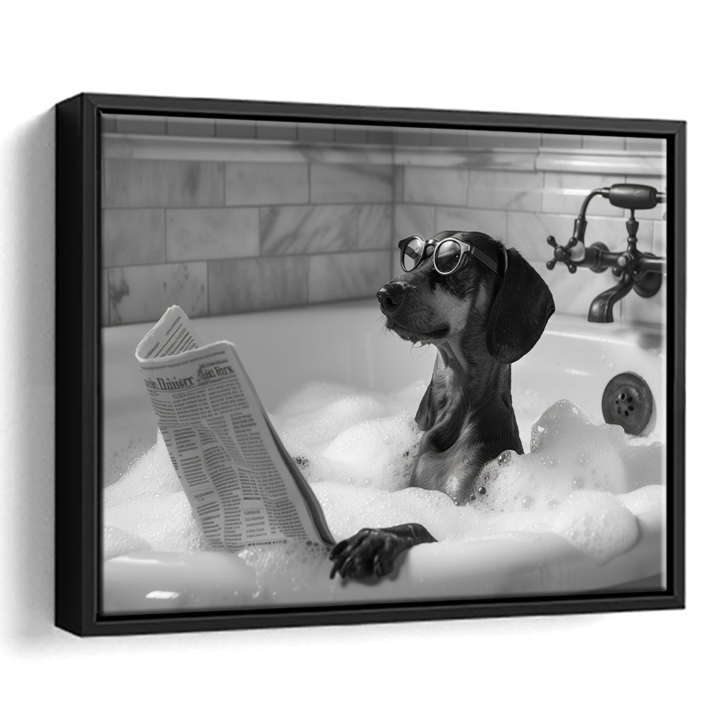 Dachshund in Bathtub Framed Canvas Print Wall Art, Dog Reading Newspaper in Bubble Bath Black and White, Funny Wall Art