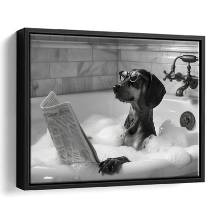 Dachshund in Bathtub Framed Canvas Print Wall Art, Dog Reading Newspaper in Bubble Bath Black and White, Funny Wall Art