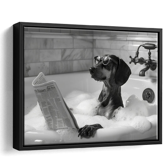 Dachshund in Bathtub Framed Canvas Print Wall Art, Dog Reading Newspaper in Bubble Bath Black and White, Funny Wall Art