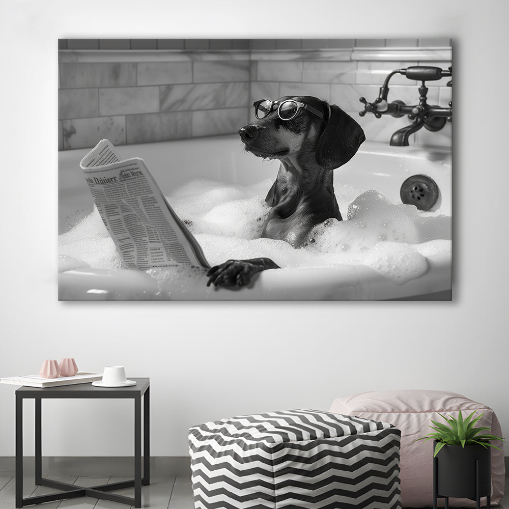 Dachshund in Bathtub Canvas Print Wall Art, Dog Reading Newspaper in Bubble Bath Black and White, Funny Wall Art