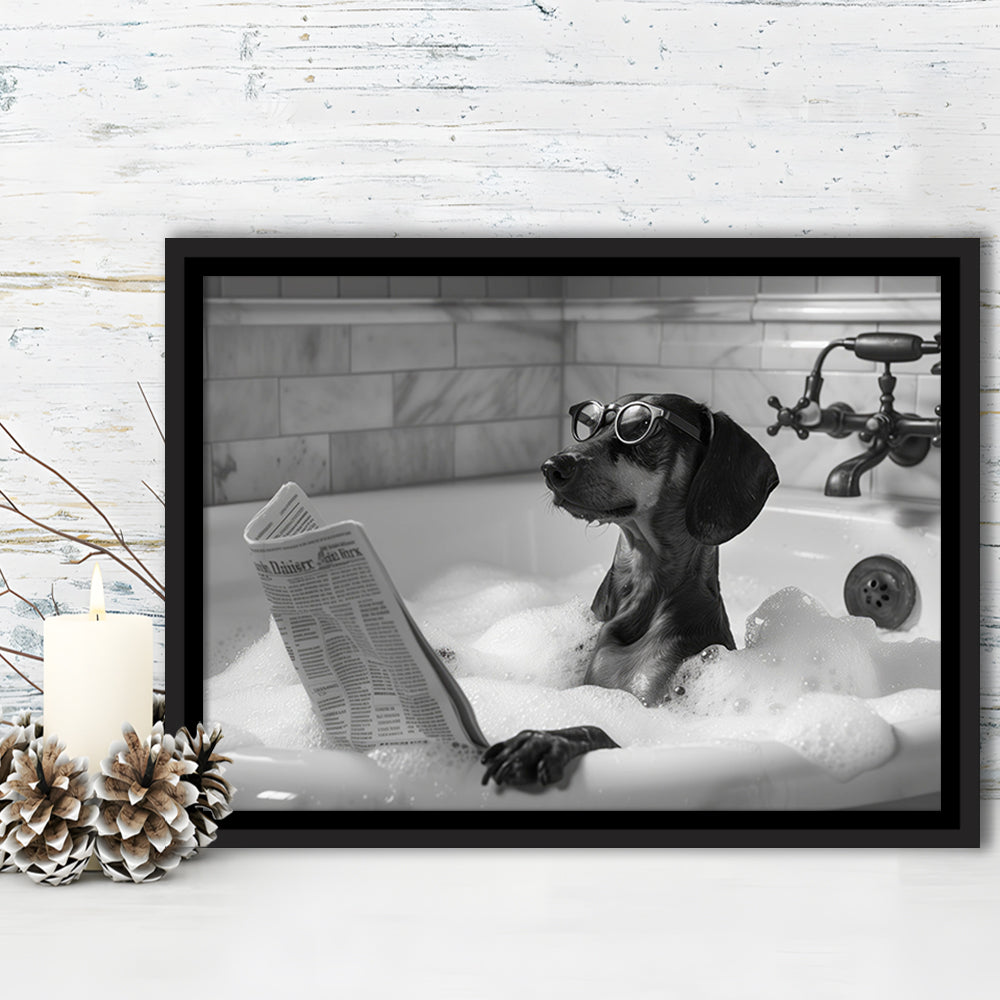 Dachshund in Bathtub Framed Canvas Print Wall Art, Dog Reading Newspaper in Bubble Bath Black and White, Funny Wall Art