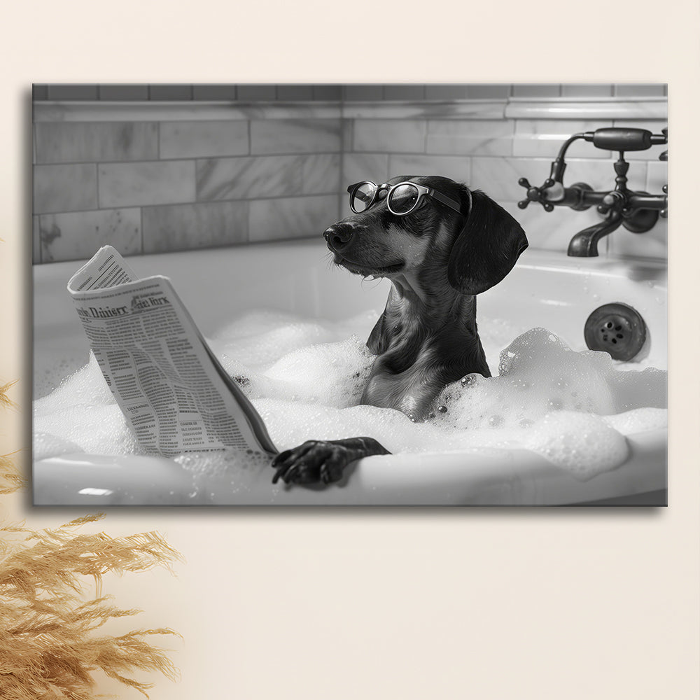 Dachshund in Bathtub Canvas Print Wall Art, Dog Reading Newspaper in Bubble Bath Black and White, Funny Wall Art