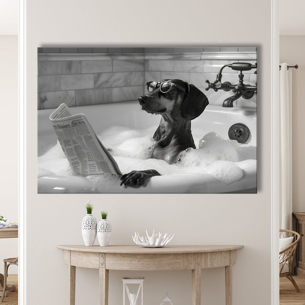 Dachshund in Bathtub Canvas Print Wall Art, Dog Reading Newspaper in Bubble Bath Black and White, Funny Wall Art