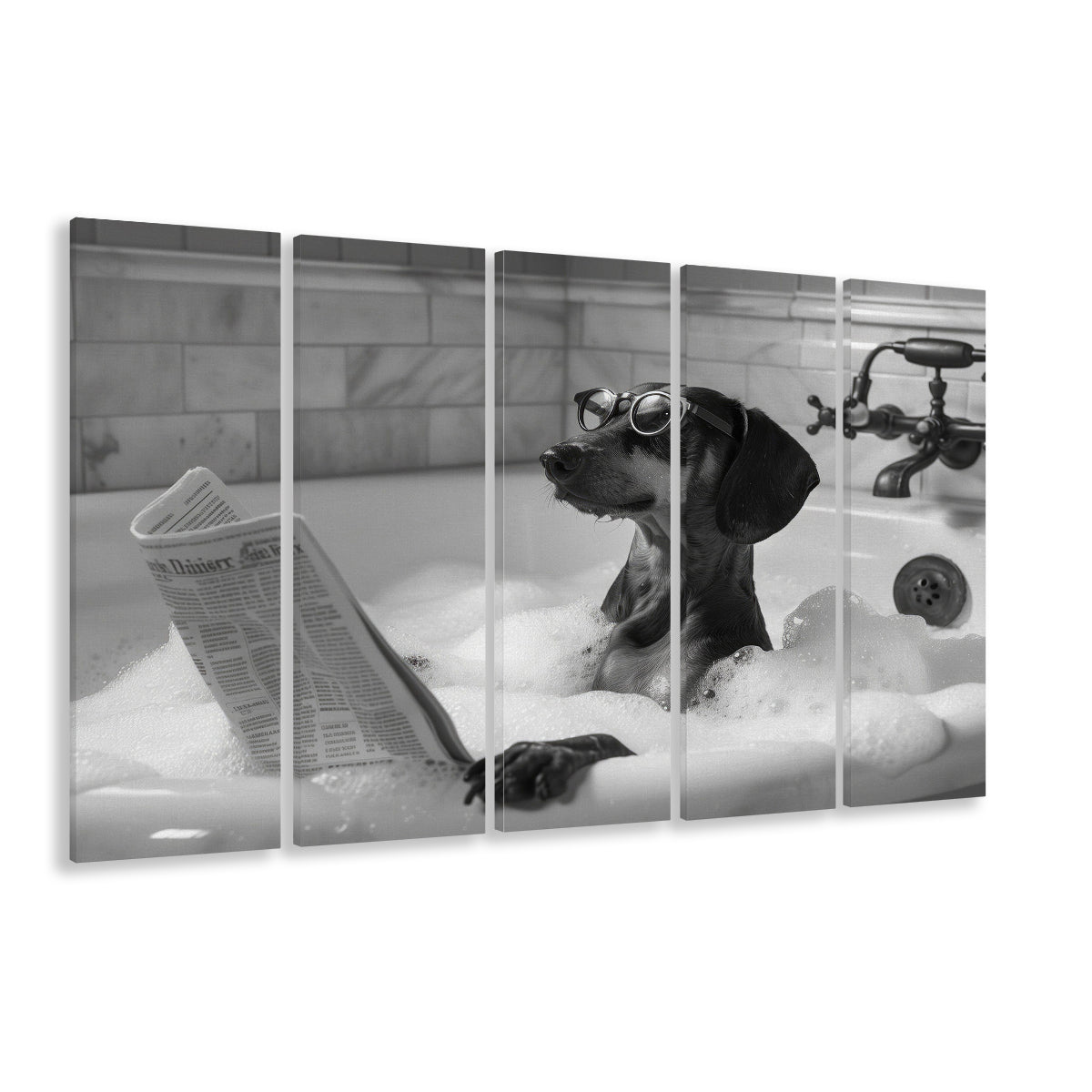 Dachshund in Bathtub 5 Panels Canvas Print Wall Art, Dog Reading Newspaper, Black and White, Funny Wall Art