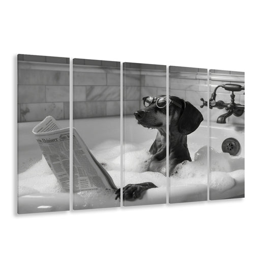 Dachshund in Bathtub 5 Panels Canvas Print Wall Art, Dog Reading Newspaper, Black and White, Funny Wall Art