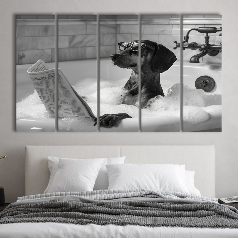 Dachshund in Bathtub 5 Panels Canvas Print Wall Art, Dog Reading Newspaper, Black and White, Funny Wall Art