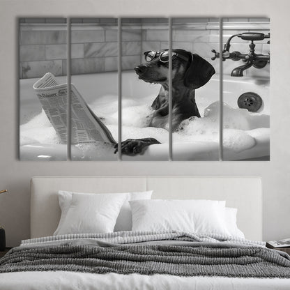 Dachshund in Bathtub 5 Panels Canvas Print Wall Art, Dog Reading Newspaper, Black and White, Funny Wall Art