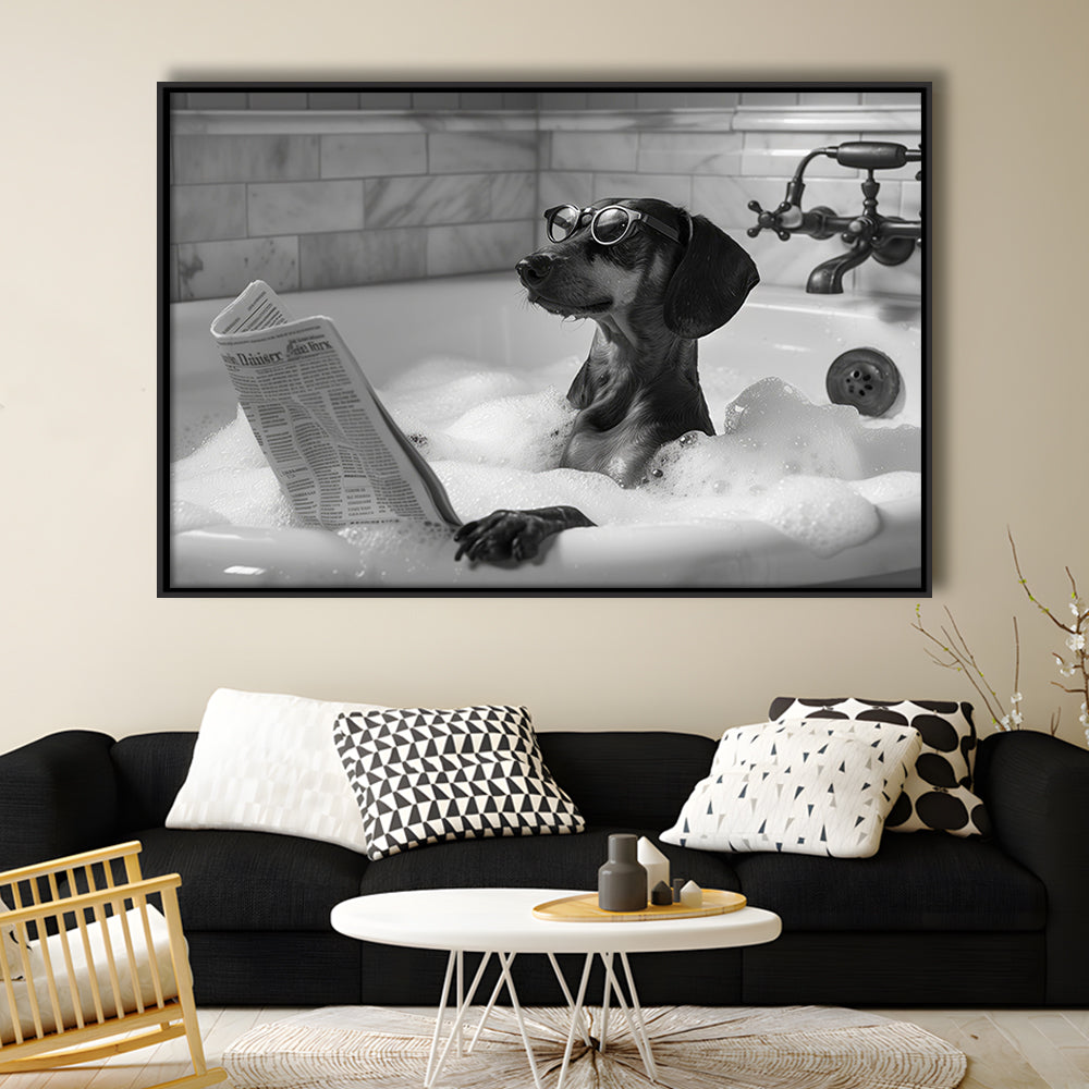 Dachshund in Bathtub Framed Canvas Print Wall Art, Dog Reading Newspaper in Bubble Bath Black and White, Funny Wall Art