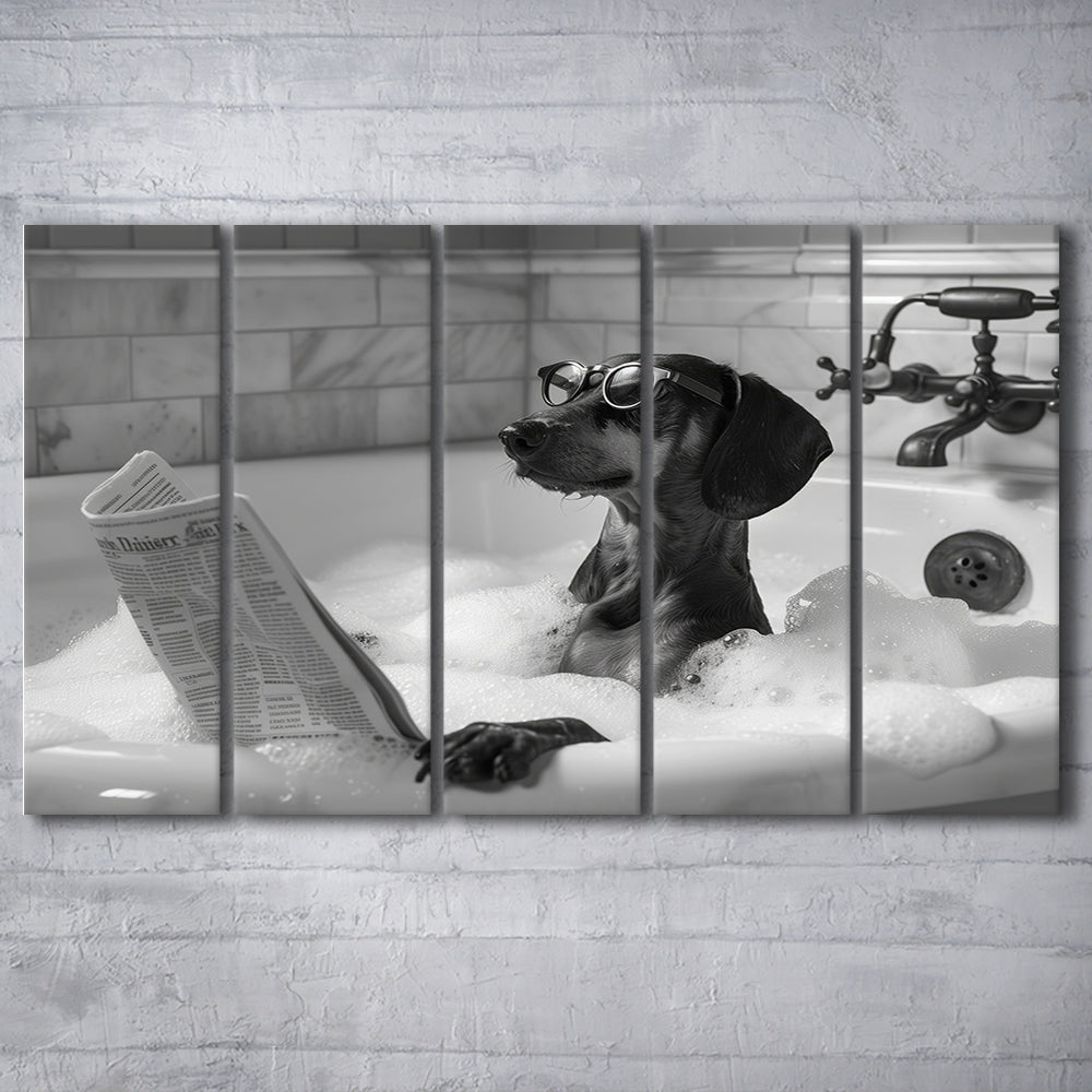 Dachshund in Bathtub 5 Panels Canvas Print Wall Art, Dog Reading Newspaper, Black and White, Funny Wall Art
