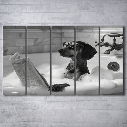 Dachshund in Bathtub 5 Panels Canvas Print Wall Art, Dog Reading Newspaper, Black and White, Funny Wall Art