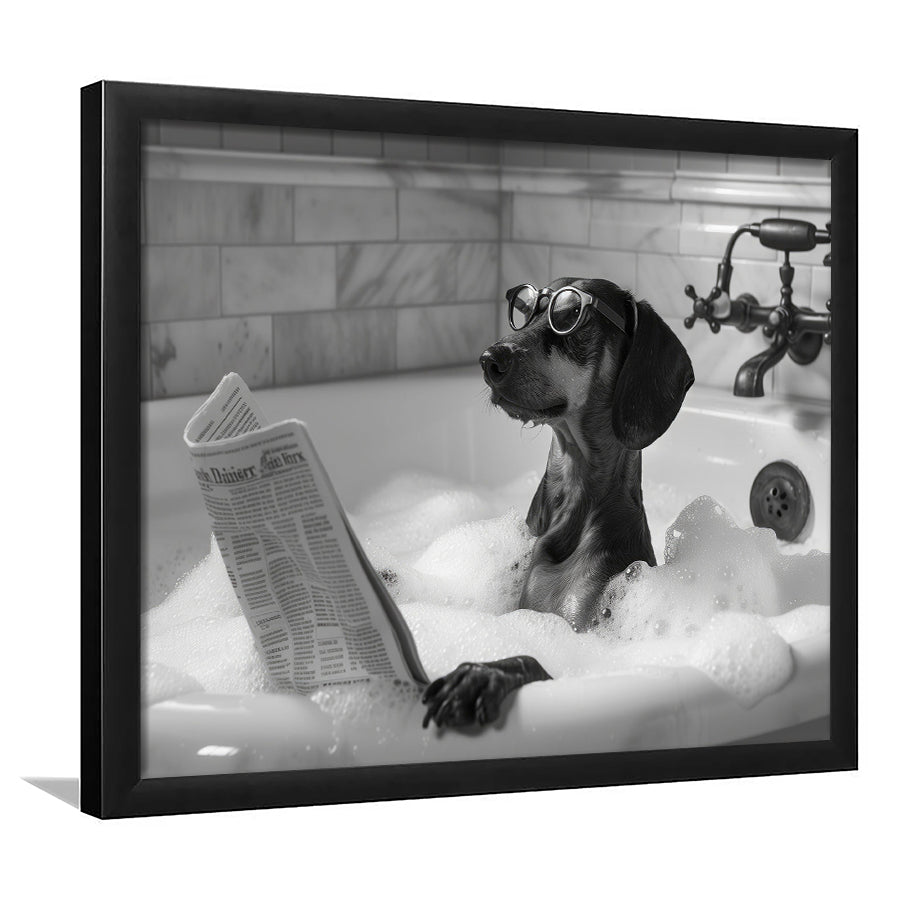 Dachshund in Bathtub Framed Art Print Wall Decor, Dog Reading Newspaper in Bubble Bath Black and White, Funny Wall Art