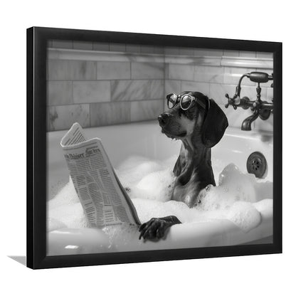 Dachshund in Bathtub Framed Art Print Wall Decor, Dog Reading Newspaper in Bubble Bath Black and White, Funny Wall Art